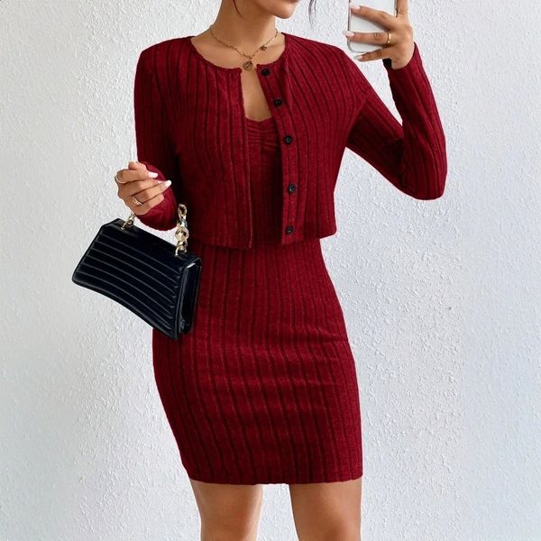 2025 Spring Autumn Women Knit Clothing Conjunto Ladys Solid Color Slim Fit Sweater Cardigan feminino Duas peças 241220