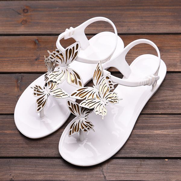 Butterfly Charms Jelly Shoes Woman Flat Heels Plastic Sandals PVC Candy Flip ps Ladies Travel Slippers White Sandalias Mujer