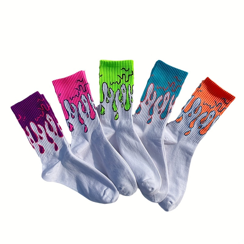 TEMU 5-pair Teen Boys' Graffiti Socks - Neon Green, Pink, Blue, Orange, Yellow - Machine Washable Polyester Crew - Streetwear, Skateboarding, Casual