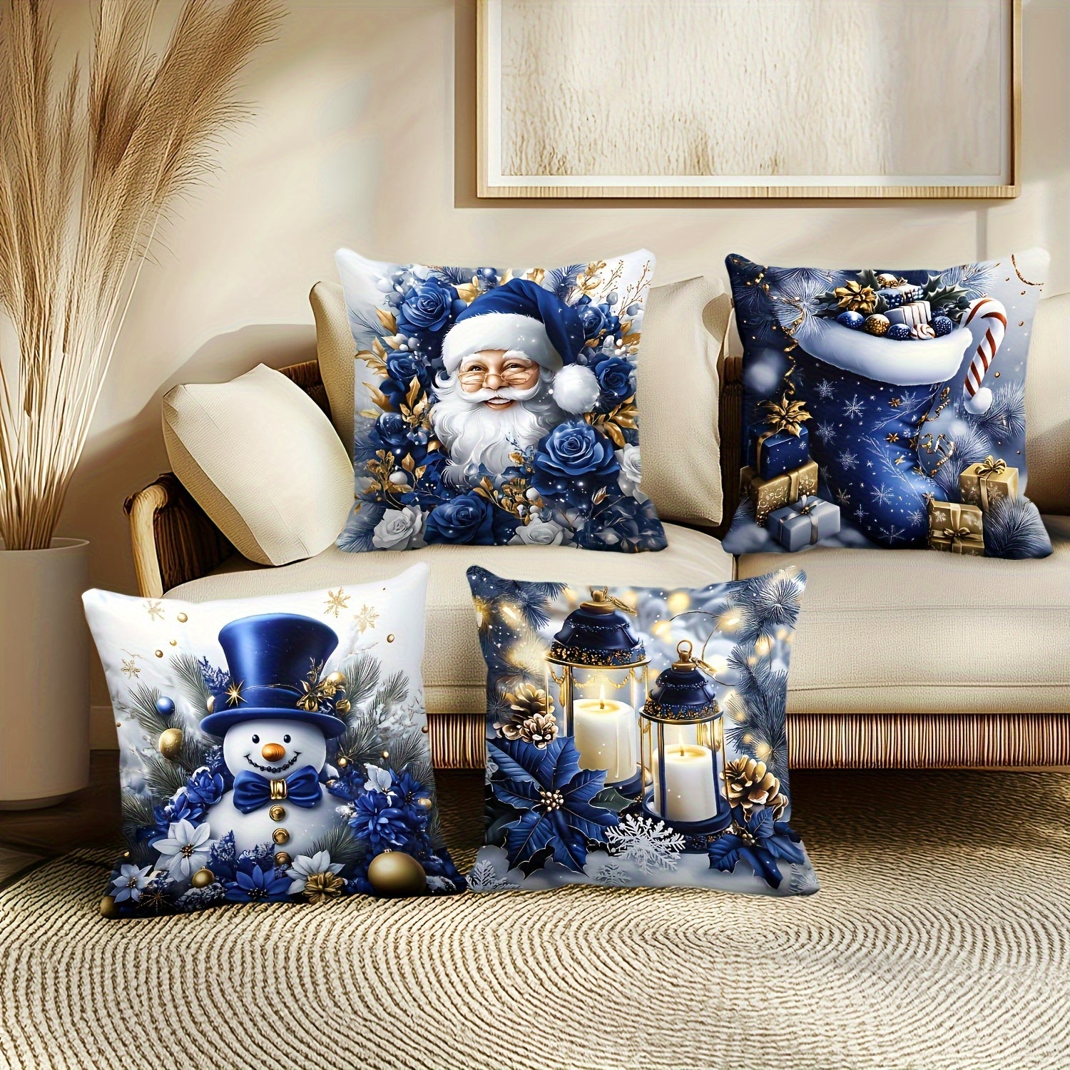 TEMU 4pcs 2d Flat Christmas Pillowcase Set Dark Blue Decorated With Festive Trees And Reindeer Patterns Machine Washable With Zipper Home Car Bedroom