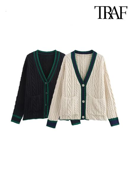 TRAFWomens Loose Knit Cardigan Sweater Front Patch Pockets Long Sleeve V Neck Female Outerwear Chic Tops Fashion 241210