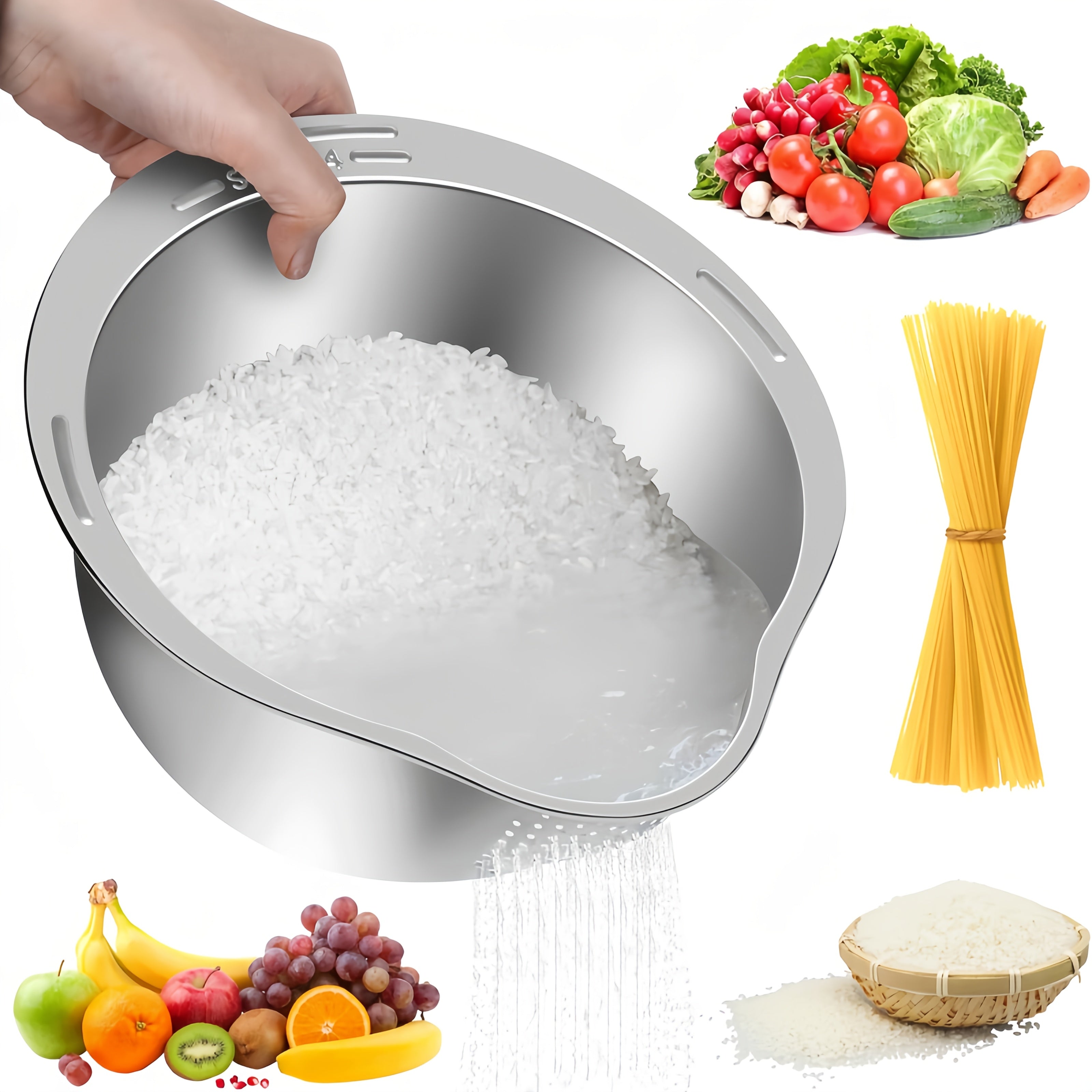 TEMU 4-in- Design Washing Bowl, Rice Washer Strainer Bowl, Washing Bowl For , Stainless Steel Rinser With Side Drainers Small Colander For Cleaning