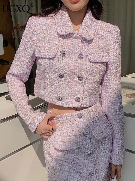 UCXQ Elegant Fashion Jacket European Style Collar Double Chest Casual Full Match Womens Coarse Floral Coat SpringSummer 1381 240926