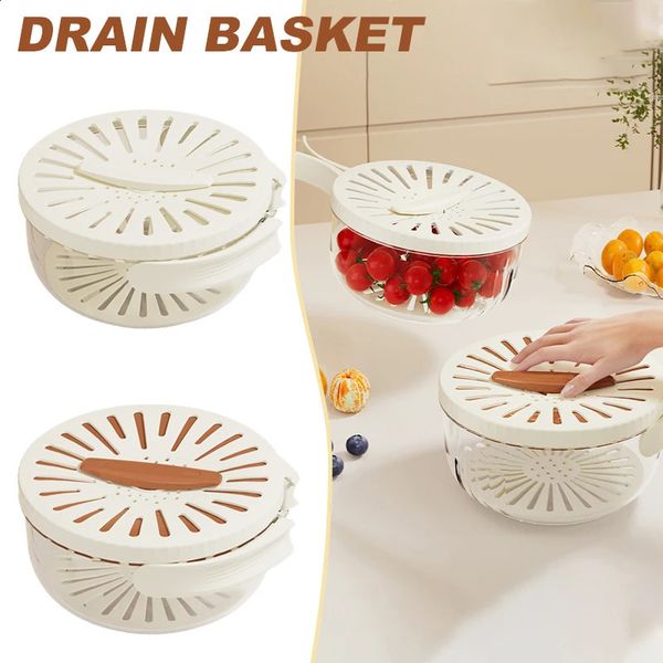 Fruit Drain Basket with Lid Vegetable Washing Bowl Foldable Handle Cleaning Colander Plastic Refrigerator Crisper Kitchen Box 240902