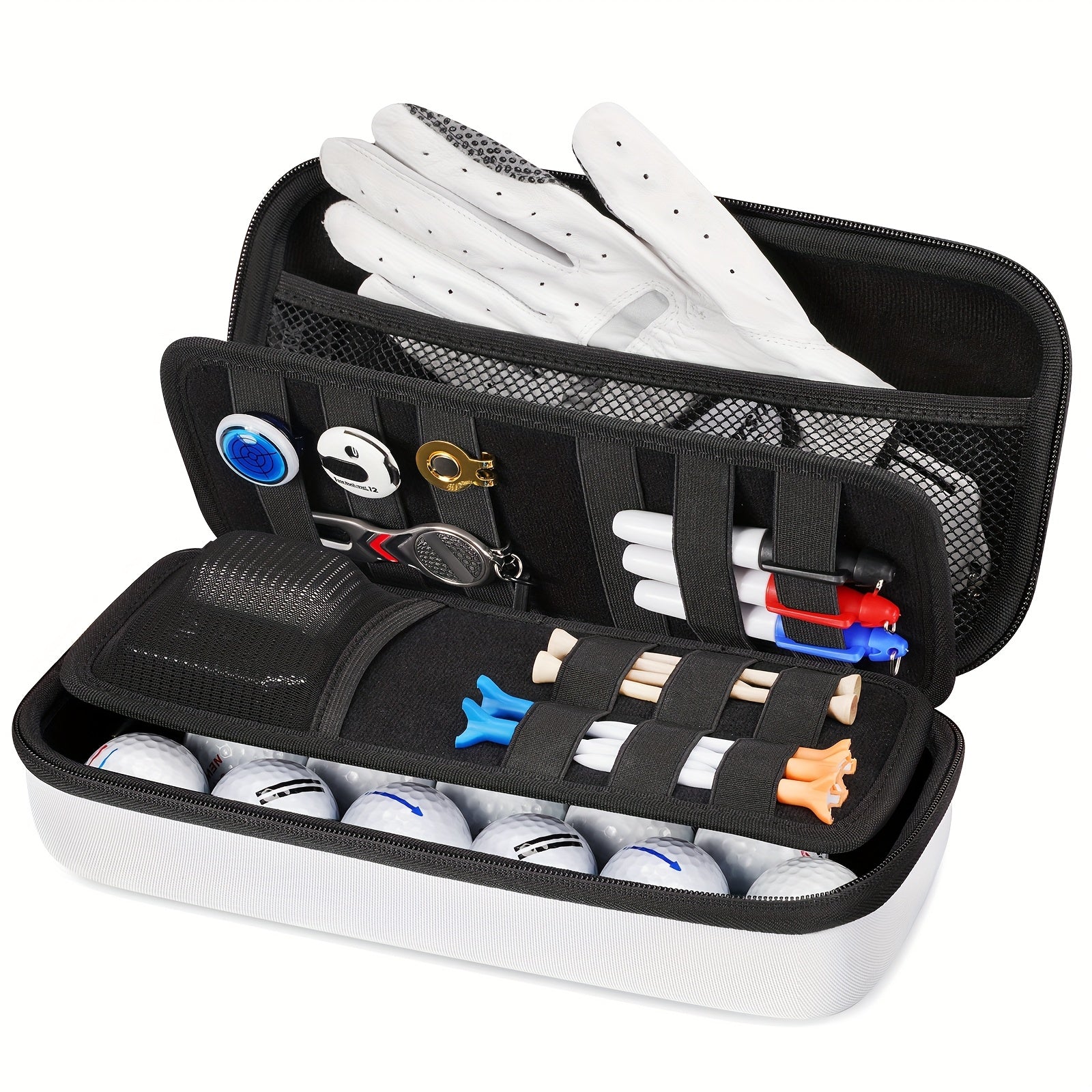 TEMU Durable Golf Accessories Organizer With Removable Glove Shaper, Hard Shell Case For Balls, Tees, Markers & Essentials – White Polyester Bag With