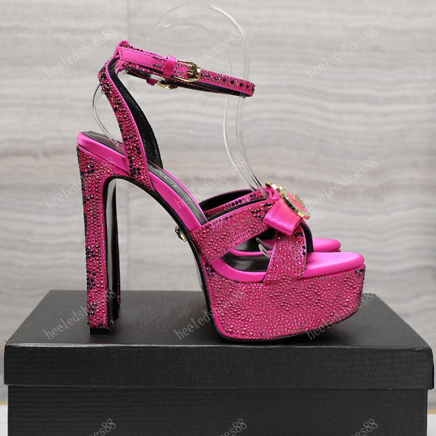 Designers Sandals platform heel womens shoes Top quality rhinestone Classics Buckle 15CM high heeled shoe Wedding Party Chunky Heel Front Rear Strap