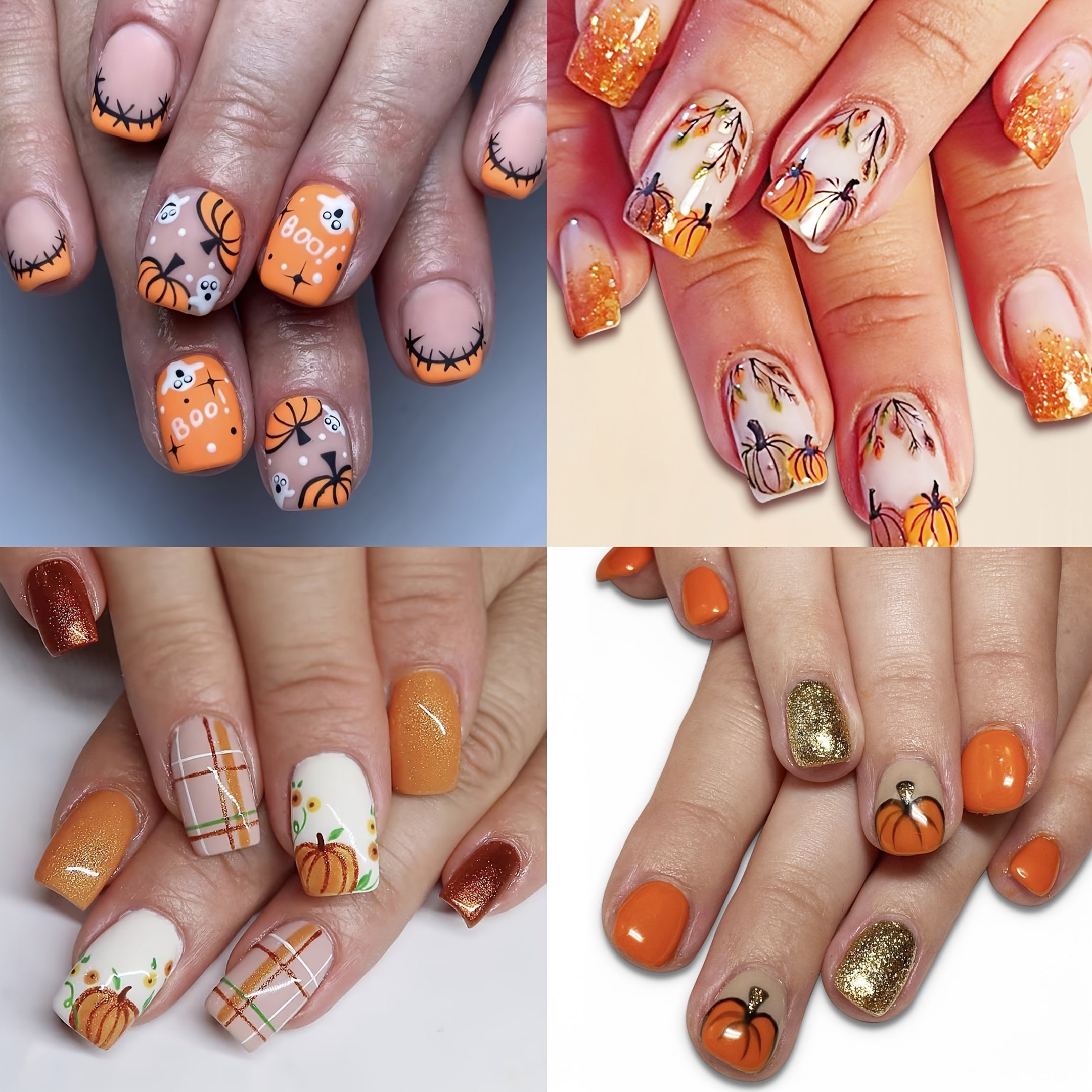 TEMU 96pcs Square Press-on Nails, Cute Bandage Design Pumpkin Maple Leaf Orange Glossy Nails, Suitable For Halloween Party And Women's Halloween Nail