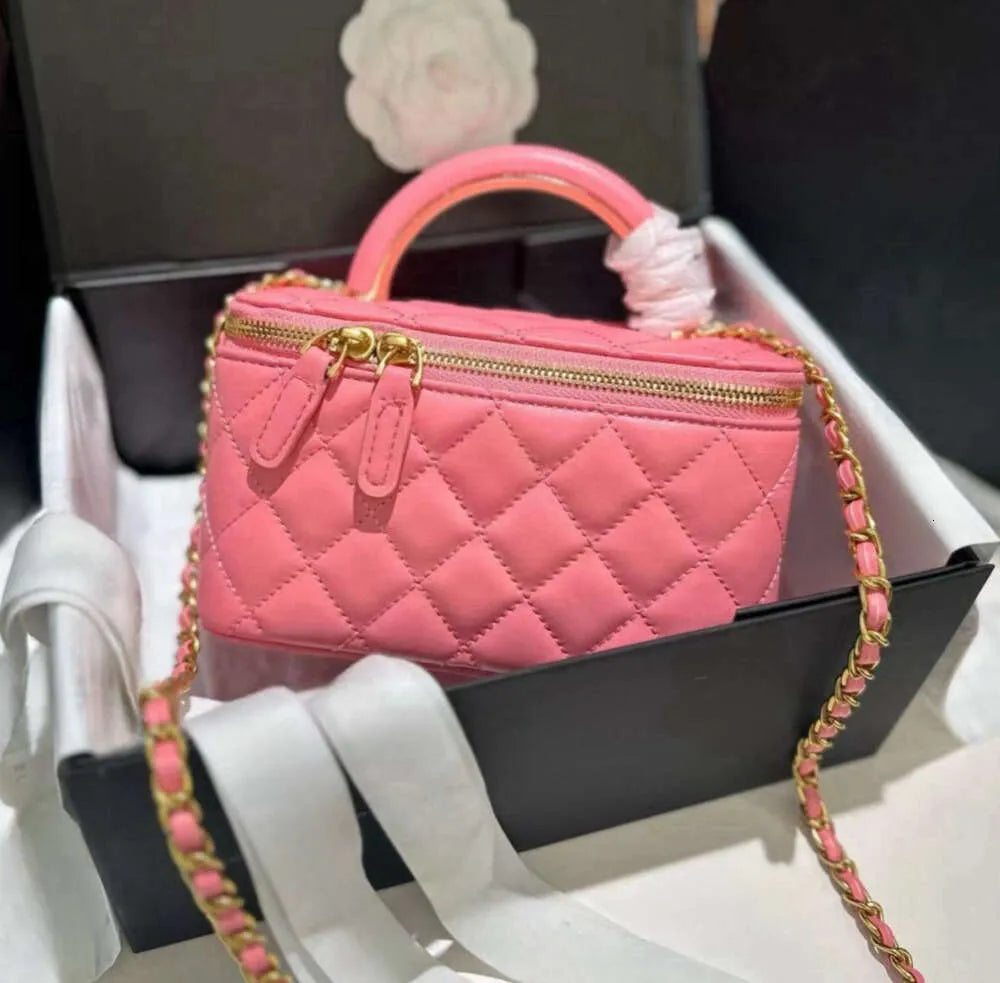 With Mirror Women Designer Makeup Bag High Quality Sheepskin Diamond Lattice Handle Vanity Box Tote Crossbody Shoulder Cosmetic Case Luxury Handbag