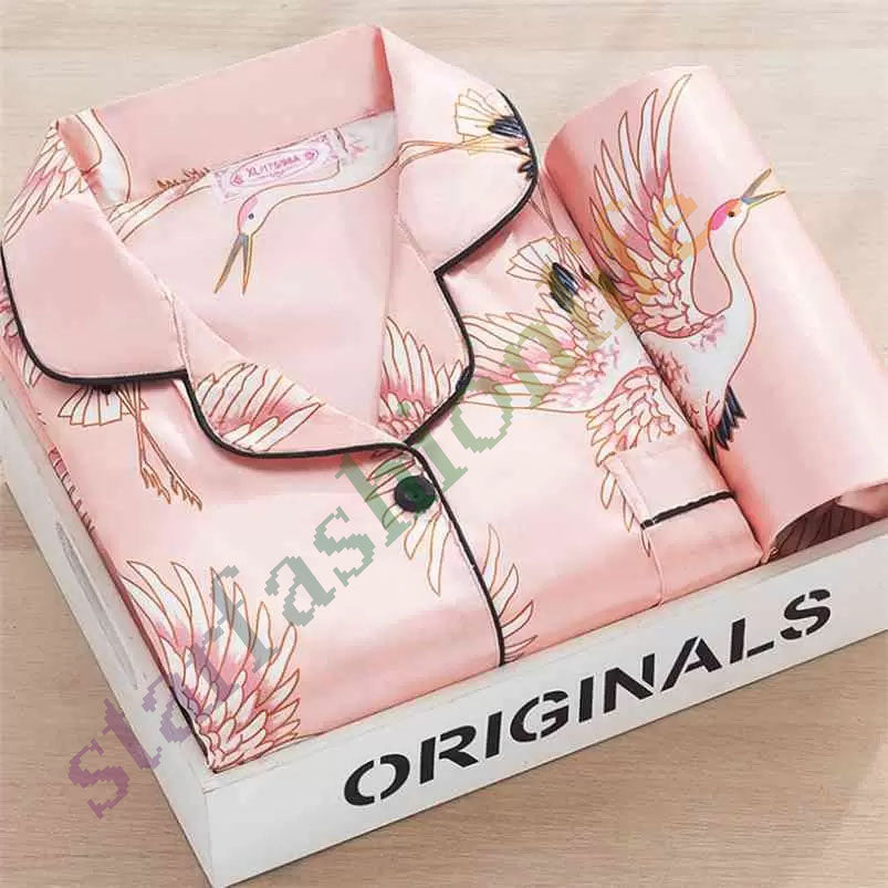 Home wear for women Summer Silk Satin Pajamas Set Woman Printed Long Sleeve Sleepwear Pijamas Suit Female Sleep Two Piece Loungewear Plus Size 21083