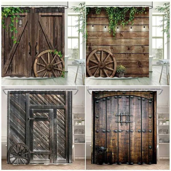 Vintage Farm Barn Wooden Door Shower Curtains Retro Old Wheel Brown Wood Board Rustic Bath Curtain Bathroom Decor with Hooks Y240815