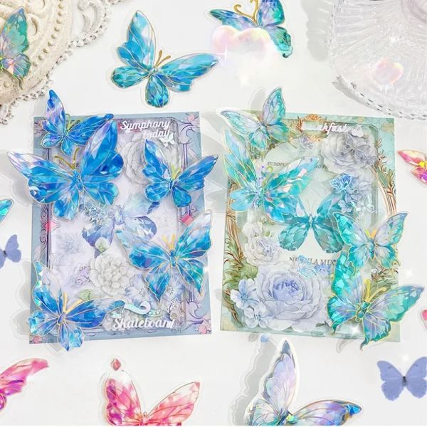 20pcs Ice Crystal Laser Butterfly Decorative PET Stickers Retro Diy Handbook Material Scrapbooking Label Diary Journal Planner