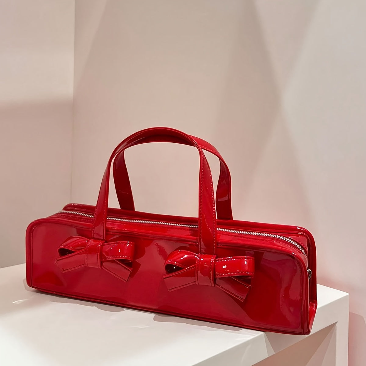 TEMU 2024 & Edgy Glossy Bow- Handbag For Women - Large Capacity Tote With Zipper Closure, Fixed Shoulder Strap, Red-black, Versatile For Casual &