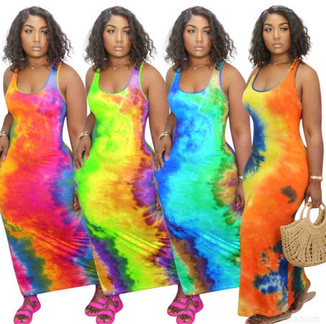Ladies Long Dress Solid Color Tie dye Short Sleeve Casual Skirt U-neck Big Swing Fashion Printed Sleeveless