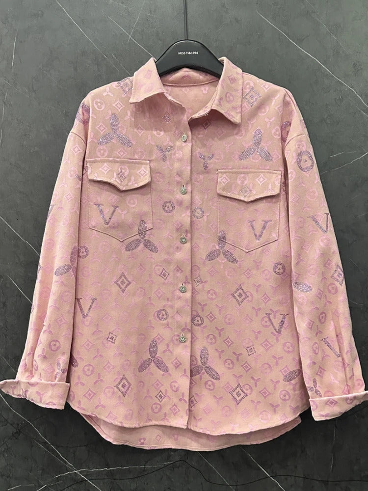 Spring All-match Loose Cardigans Coat Full Diamonds Drilling Denim Blouses Streetwear Long Sleeve Casual Top Shirts 250723