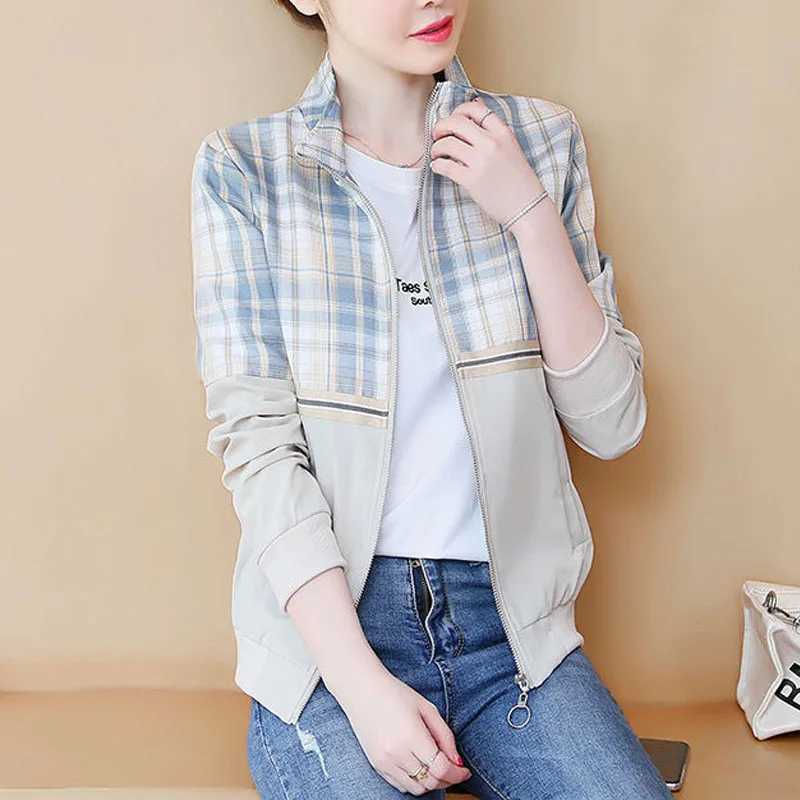 New Spring and Autumn Fashion Korean Edition Spliced Checkered Standing Collar Versatile Casual Simple Womens Jacket CoatX240920
