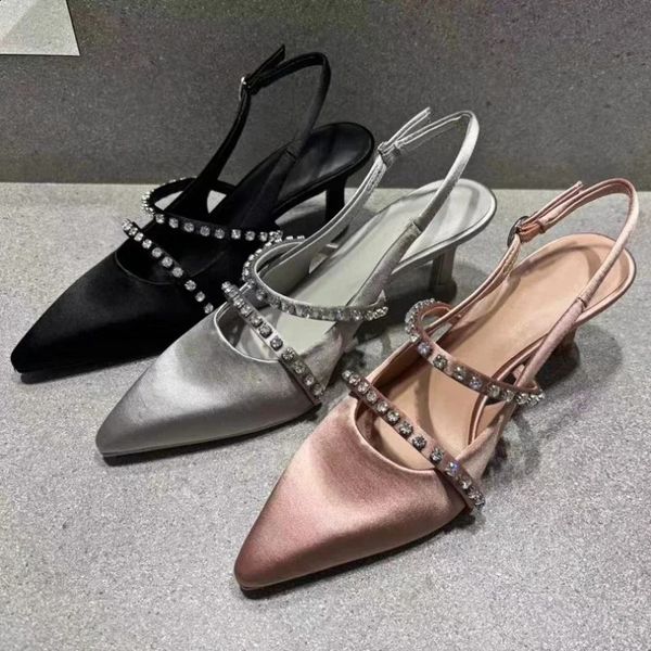 Satin rhinestone sandals womens Pointed Toe Muller pump womens crystal elegant office fine high heels party dress high heels 240926