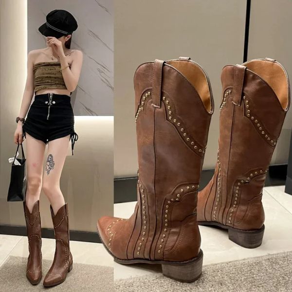 Retro Rivet Mid Calf Cowboy for Women 2024 Autumn Chunky Heels Western Boots Woman Slip on Pointed Toe Cowgirl Boras d8d3
