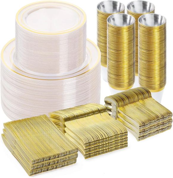 600PCS plastic plate set with 100 transparent gold disposable plates for guests used parties weddings and anniversary meals 241014
