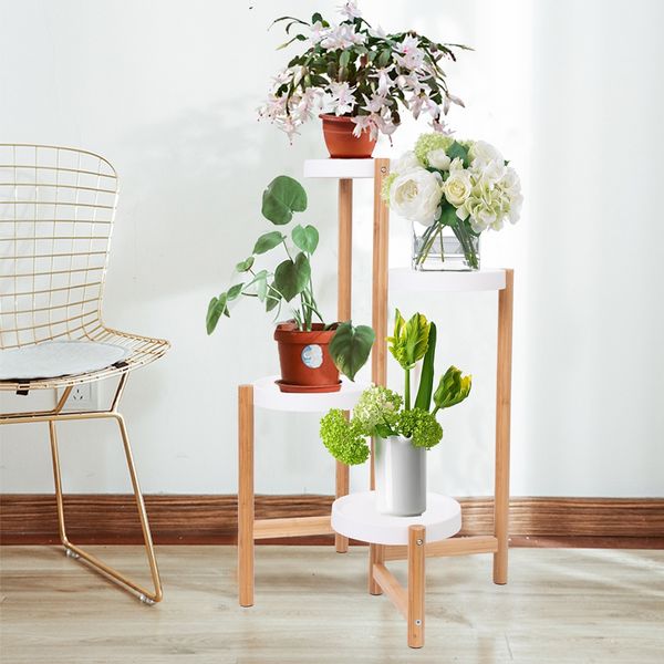 4-Tier Bamboo Plant Stand Potted Planter Rack Display Shelf Holder with Round White Shelvings