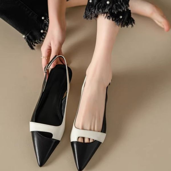 French Style Color Blocked Pointed Toe Dress Shoes for Women, Black-Orange