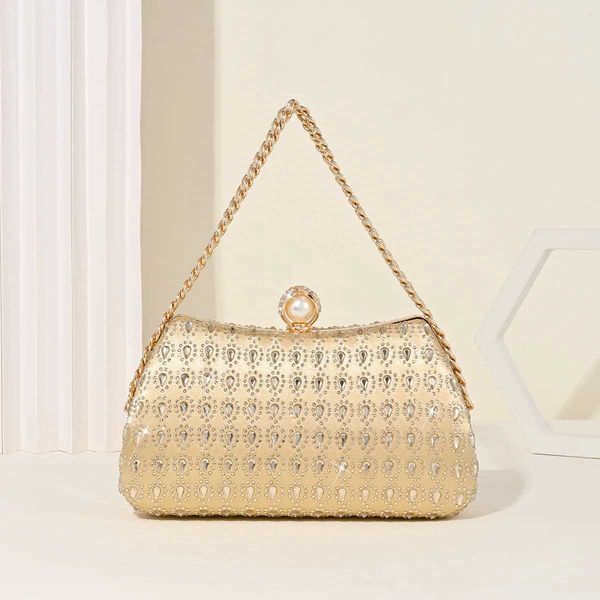 Tears diamonds evening dinner bag pearl buckle top handle handbag chain shoulder wallet half moon rhinestone party clutch Y241019