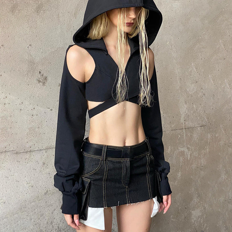 Women&#039;s T Shirts Goth Dark Irregular Hollowed-Out Shoulder Cut Cross Strap Hooded Smock Dark Spice Long-Sleeved Slim-Fit Top