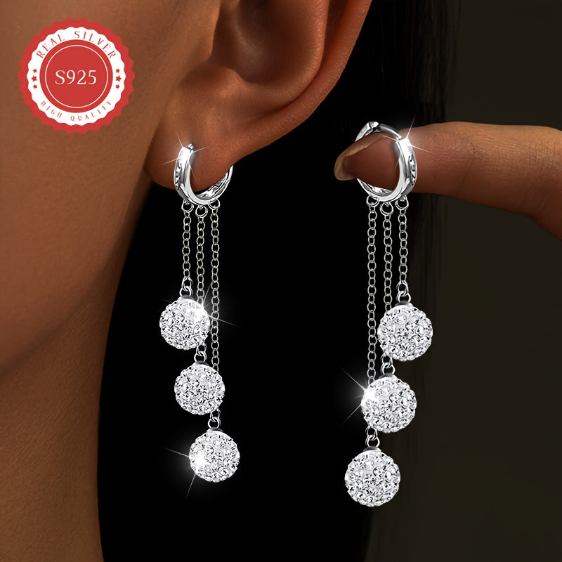 TEMU 1 Pair, Women's Fashion Dangle Earrings, 3 Ball Design + Tassel Lines + , S925 Silver, Holiday Gift Wedding Banquet Luxury Women's Elegant