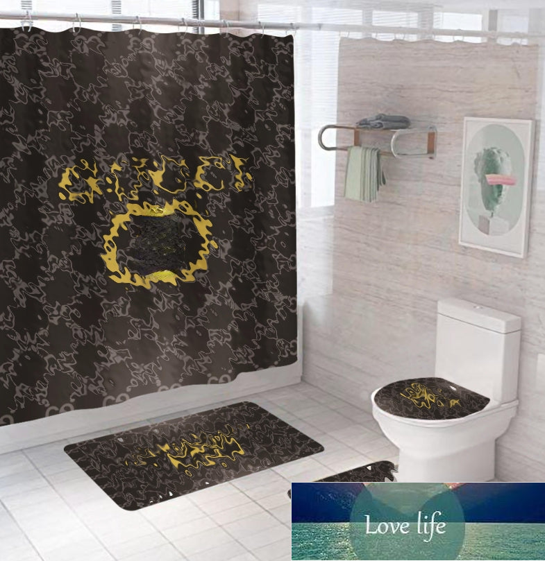 All-match Printed Shower Curtain Floor Mat Three-Piece Combination Bathroom Mat Set Waterproof and Moisture-Proof