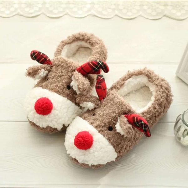 Flipers de alces femininos Novo inverno Fashion Christmas Pluxh Housed Algodão Comfort Indoor Anti Slip Shop Shoes Casual