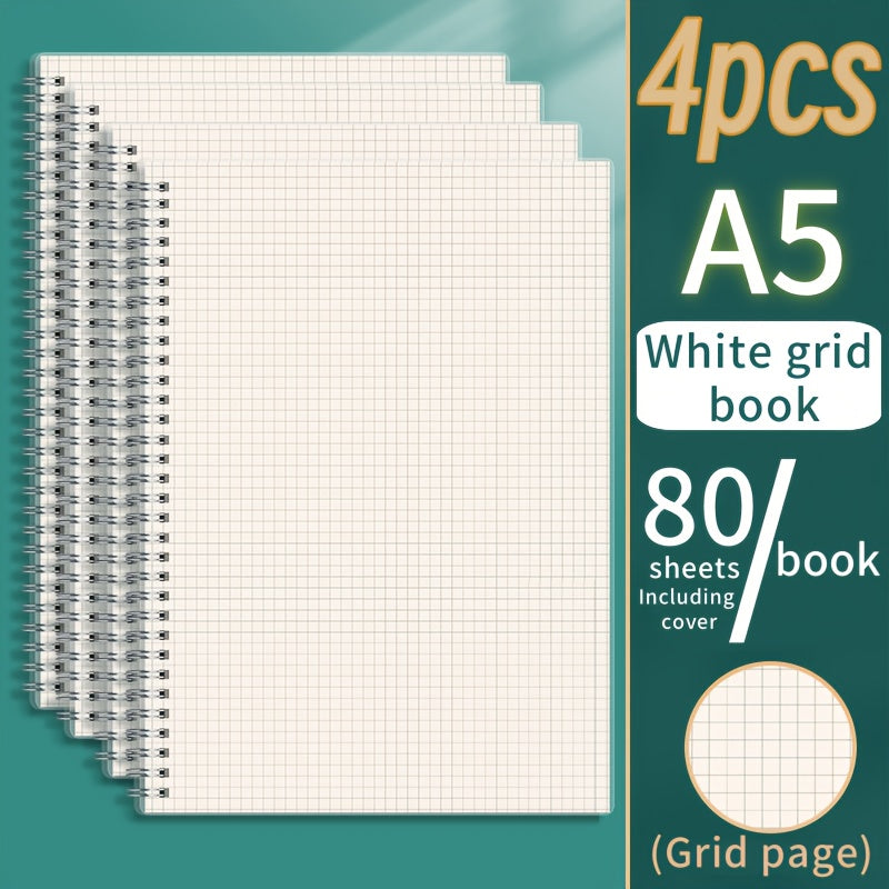 TEMU 4pcs A5 Spiral Grid Notebooks With Flexible Plastic Covers - Lined Pages, , White - Students, Math & Engineering