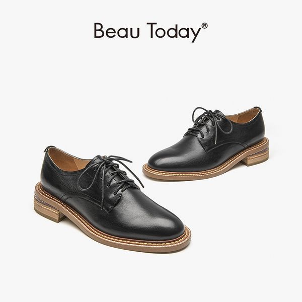 Derby BeauToday Women Genuine Cow Leather Round Toe Lace Up Sewing Design Casual Female Office Flat Shoes Handmade 21510 40ed