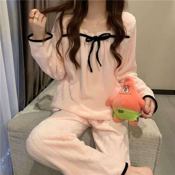 Coral Fleece Pamas Sets For Women Autumn Winter Thick Warm Sweet Long Sleeve Sleepwear Nightgown Pijama Suit Mujer Homewear