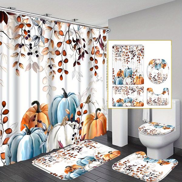 4pcs Pumpkin Falling Leaves Shower Curtain Set Multi color Pattern Shower Curtain Bathroom Fabric Shower Curtain Set Hooks Toilet Mat Toilet