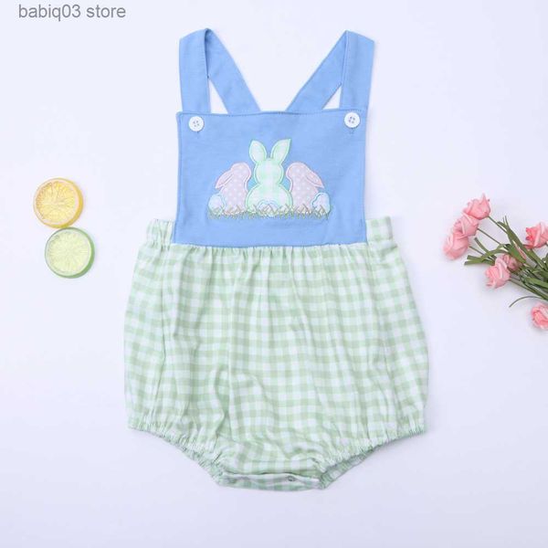 Rompers New Born Easter Jumpsuit Baby Boy Clothes Rabbit Embroidery Bubble Infant Romper Children Outfits Lattice Shorts 0-3T Bodysuit T2305