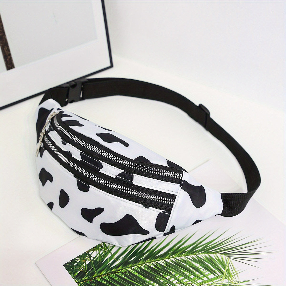TEMU 1pc Aerocandy Cow Print Nylon Waist Bag, Animal Theme Messenger Chest Bag With Adjustable Strap, Zipper Closure, Polyester Lined Crossbody Belt