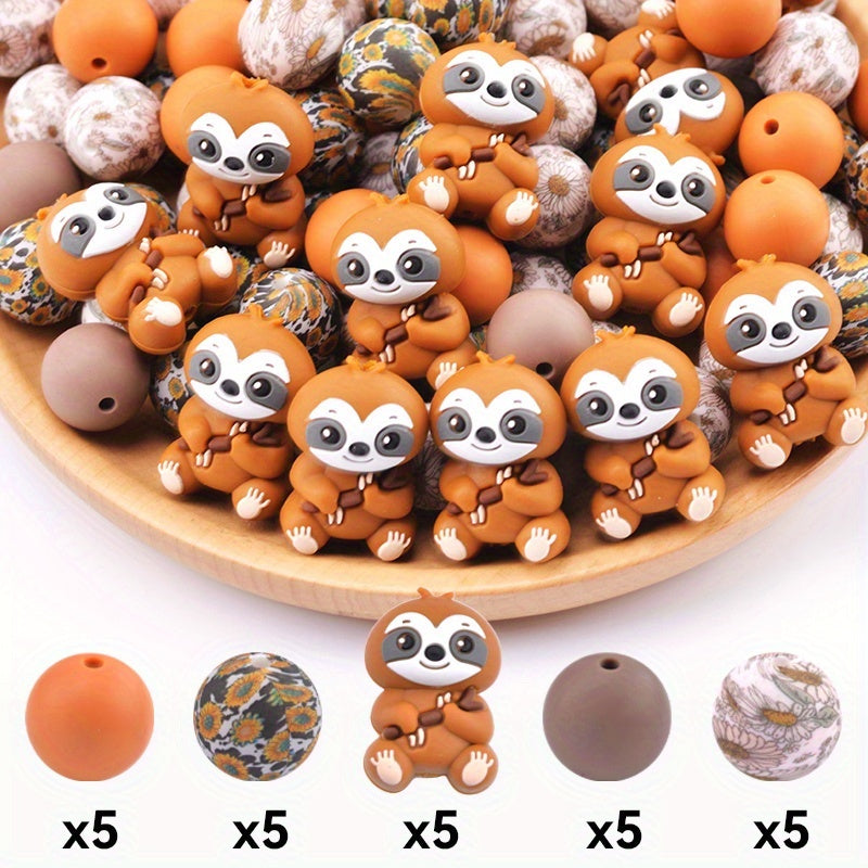 TEMU 25pcs Cute 3d Sloth Silicone Bead Set, , Bracelets, Keychains And Bag Charms, Silicone Character Beads - Beads & Bead Assortment
