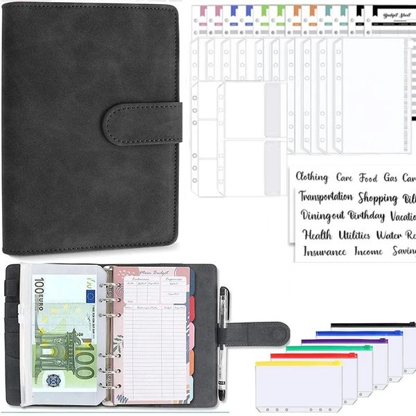 2024 PU Leather Notebook A6 Binder DIY Planner Organizer 8 Zipper Pockets 12Pcs Budget Sheet 2Pcs French Alphabet Stickers 240420