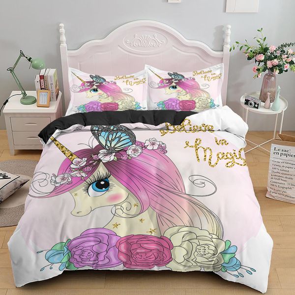 Children Bedding Sets Gifts Unicorn and Colorful Horse Printing Duvet Cover Sets for Kids Girls Boys 2-3 Pcs Single Pink Quilts
