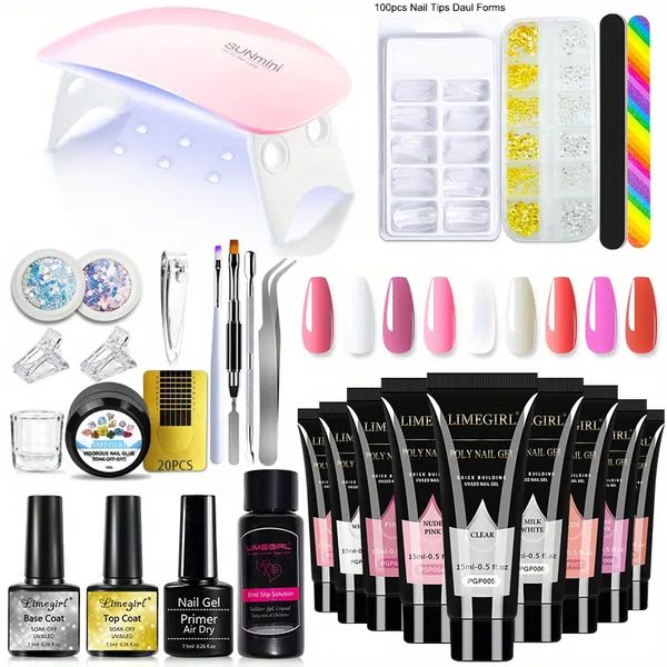 Professional Gel Nail Polish Kit with UV Lamp - 3 Colors Quick Gel Extension Set - Home DIY Salon For Women Gift