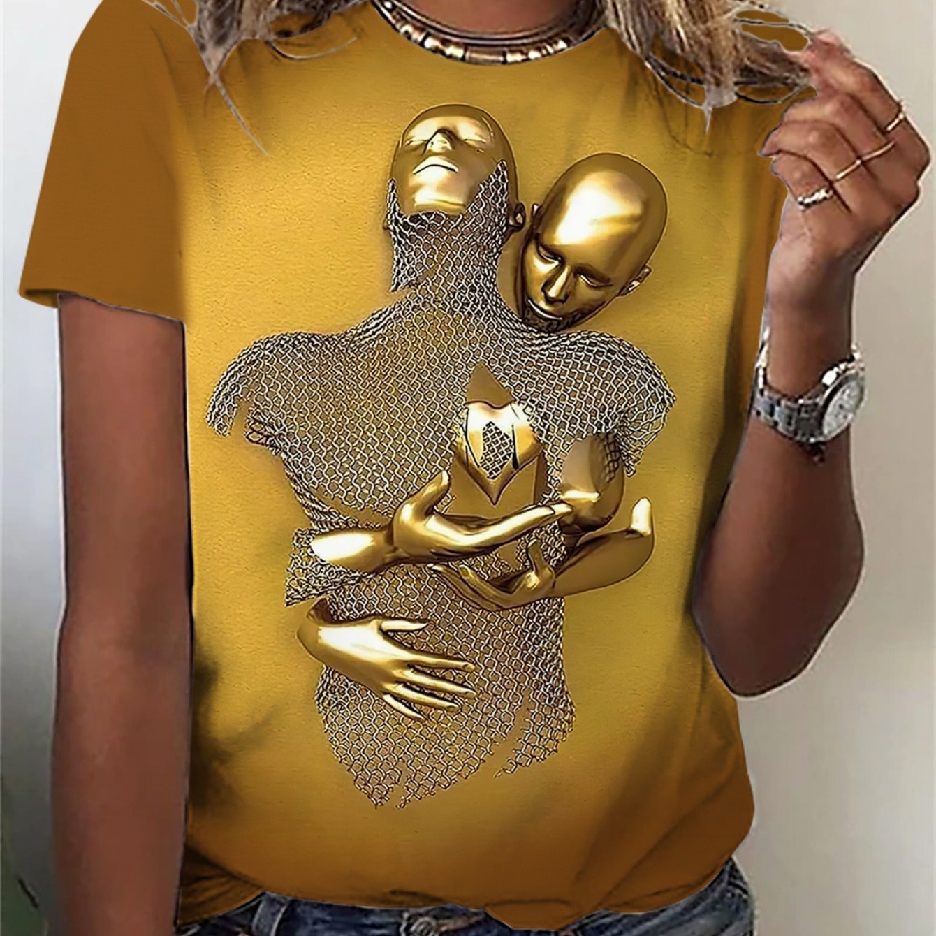 TEMU Women's 3d Print T-shirt - Comfy Short Sleeve Crew Neck, Medium Stretch Casual Top For Spring & Fall, Machine Washable, Ladies T Shirts,