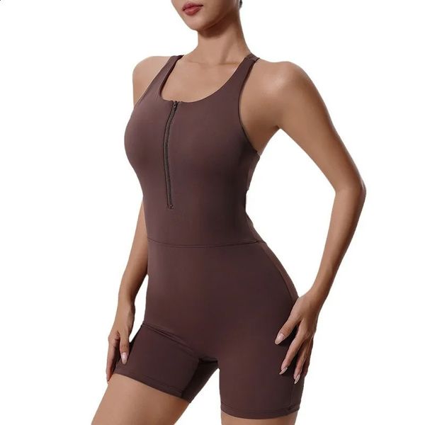 Zíper esportivo macacão de macacão curto lycra fitness macacets com roupas de treino para mulheres conjuntos de ginástica feminino roupas es
