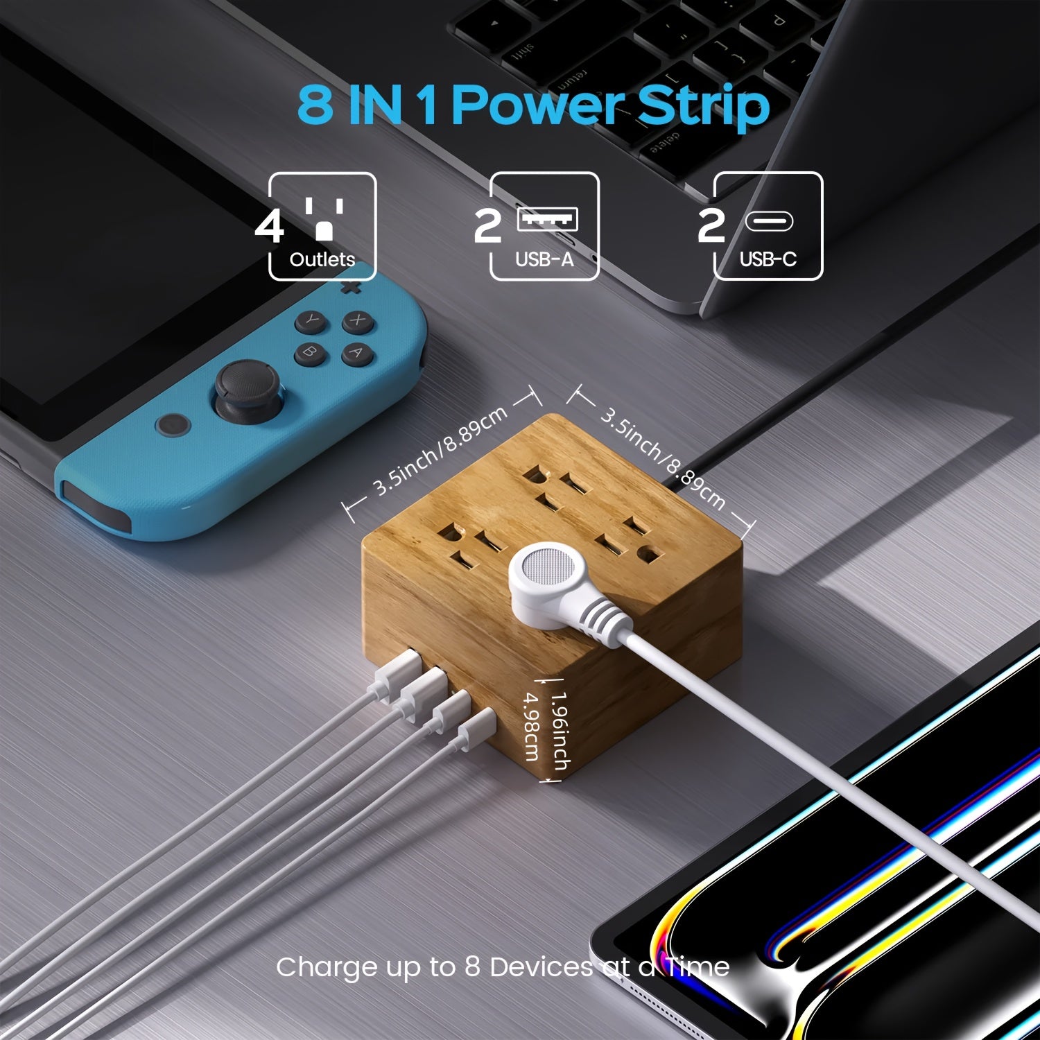 TEMU Power Strip Protector -4ft Extension Cord With 4 Outlets & 4 Smart Usb Ports, Portable Desktop Charging Station For Home, Office, Hotel, Dorm,