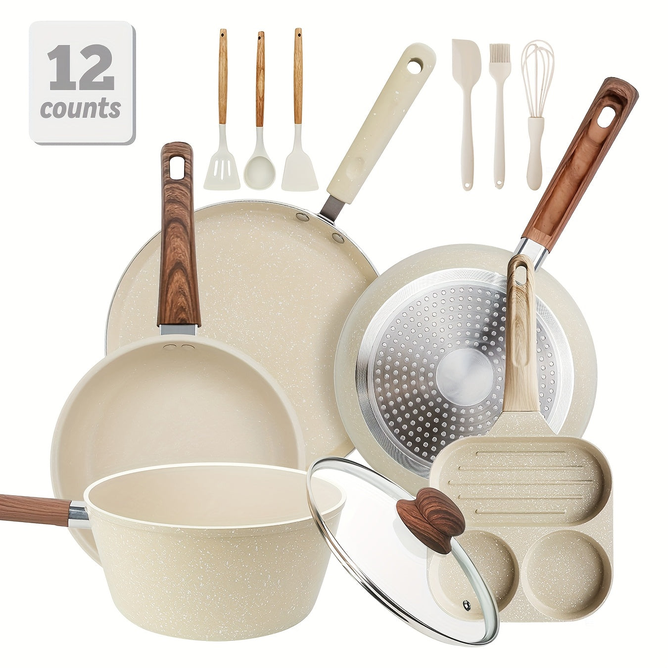 TEMU 12-7pcs Pots And Pans Set, Cookware Set, Induction Cookware Cooking Set, Including Frying Pan, Pan, Steamer, Silicone Spatula And Tongs, Gifts