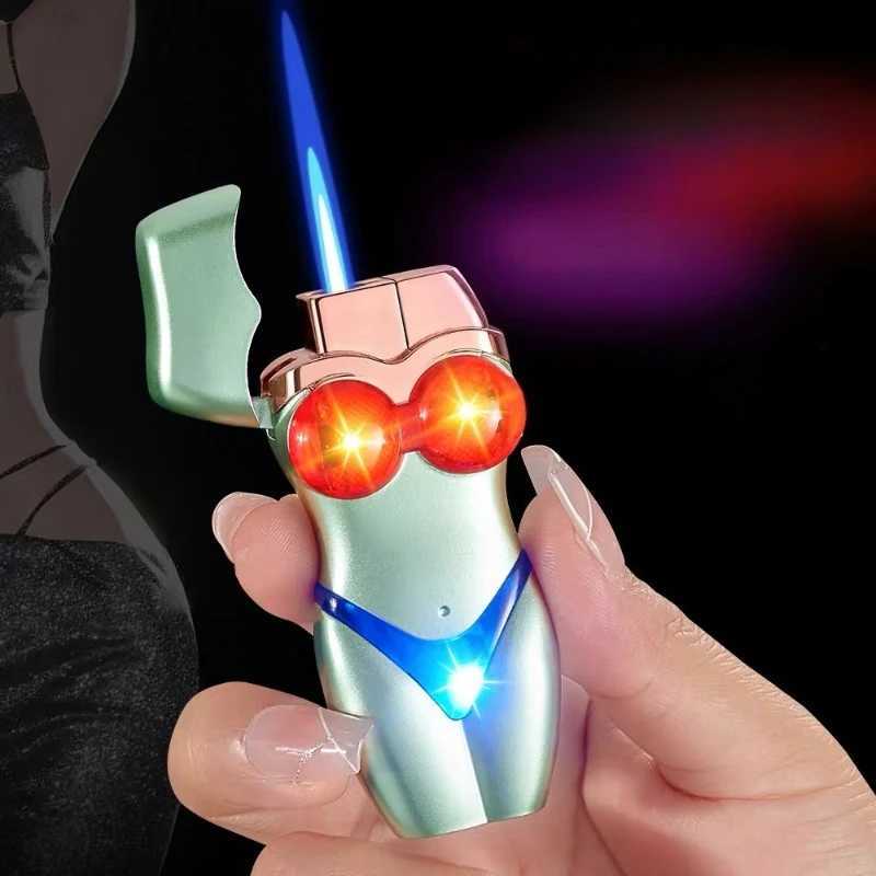 Fashionable Glowing Bikini Beauty Lighter Windproof Straight Blue Flame Inflatable Lighter Smoking Gadgets For Men Gifts Z250806