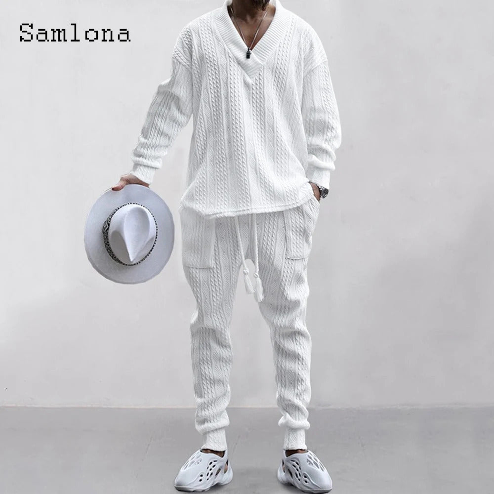 Mens Casual Knitting Two Piece Sets Winter Fashion Irregular Top Sweater and Solid White Sweatpants Male Tracksuits Set 250906