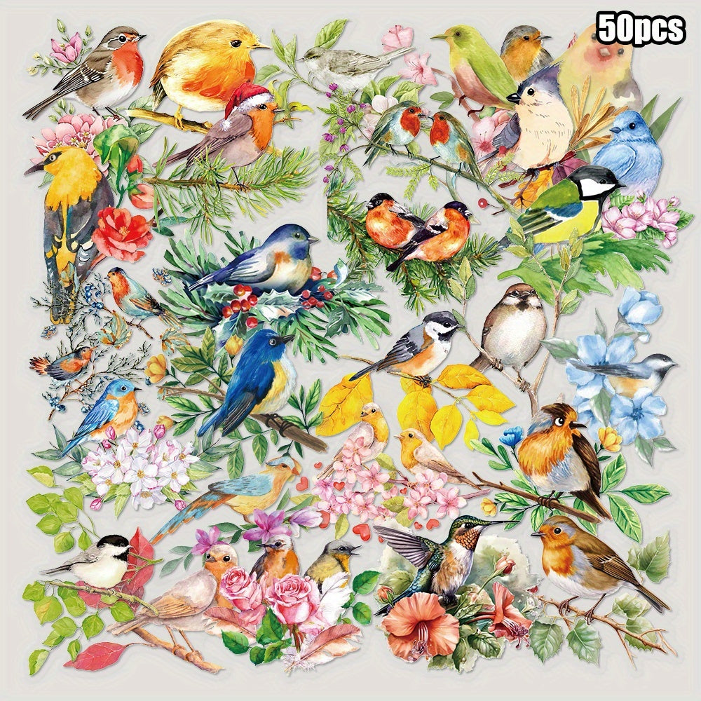 TEMU 50pcs Watercolor Bird Stickers - Vibrant Pet Transparent Decals For Laptops, Luggage, Desktops & Stationery - Colorful Floral & Foliage Designs