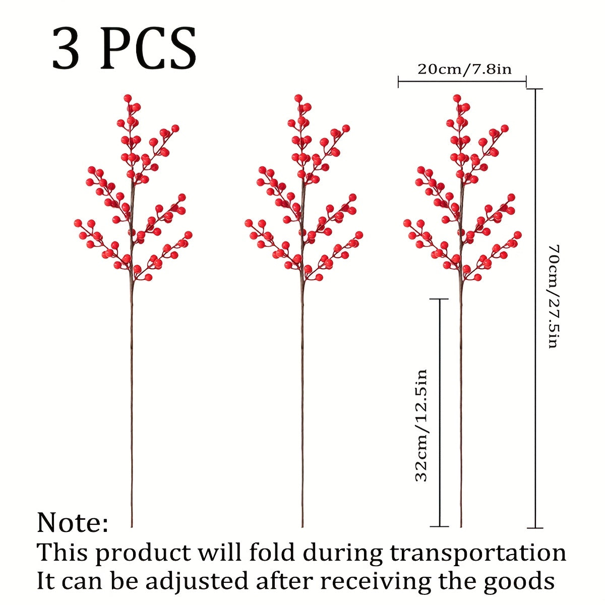 TEMU 3pcs Artificial Christmas Red Berries Stems - Hand Decorated Wreath & Tree Decoration, Arrangement With Vases, Perfect For Living Room, Kitchen,
