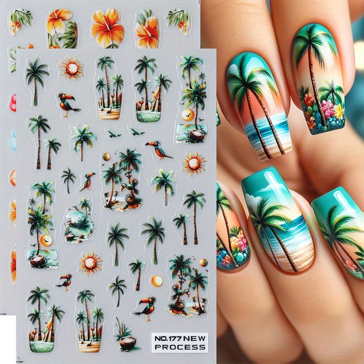 TEMU 2 Sheets Nail Art Stickers - Vibrant Coconut Trees, Palm Leaves, Flamingos, Suns & Flowers - Glossy Self-adhesive Single-use Plastic Decals For