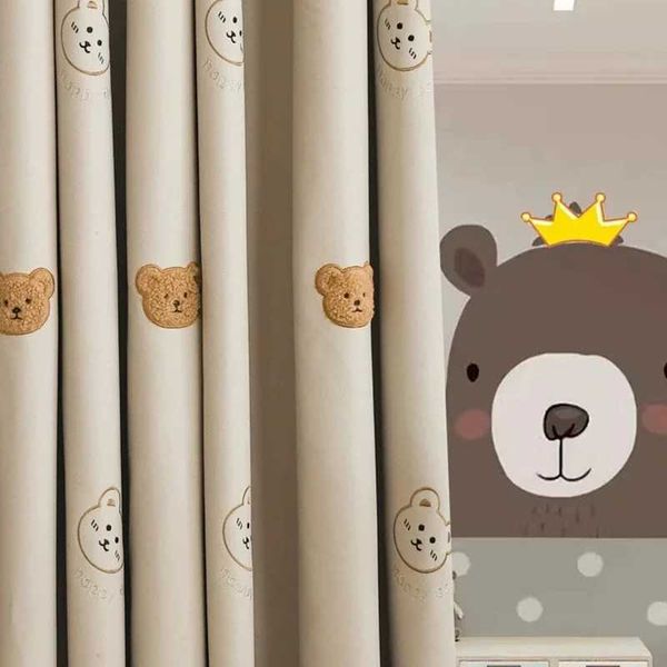 Korean Cartoon Brown Plush Bear Embroidered Curtains Beige High Grade Childrens Curtain For Boy and Girls Ro Baby Ro NurseryT250122