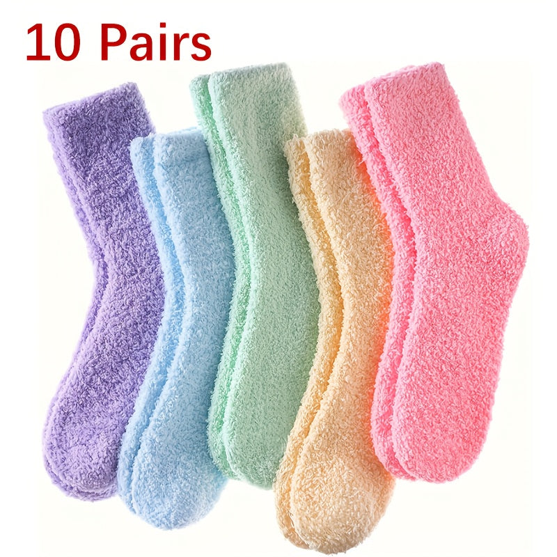 TEMU 10 Pairs Women's Plush Winter Warm Socks - Coral Fleece Candy-colored Thick Fluffy Mid-calf Socks, Soft & Comfortable For Home Sleeping, Solid